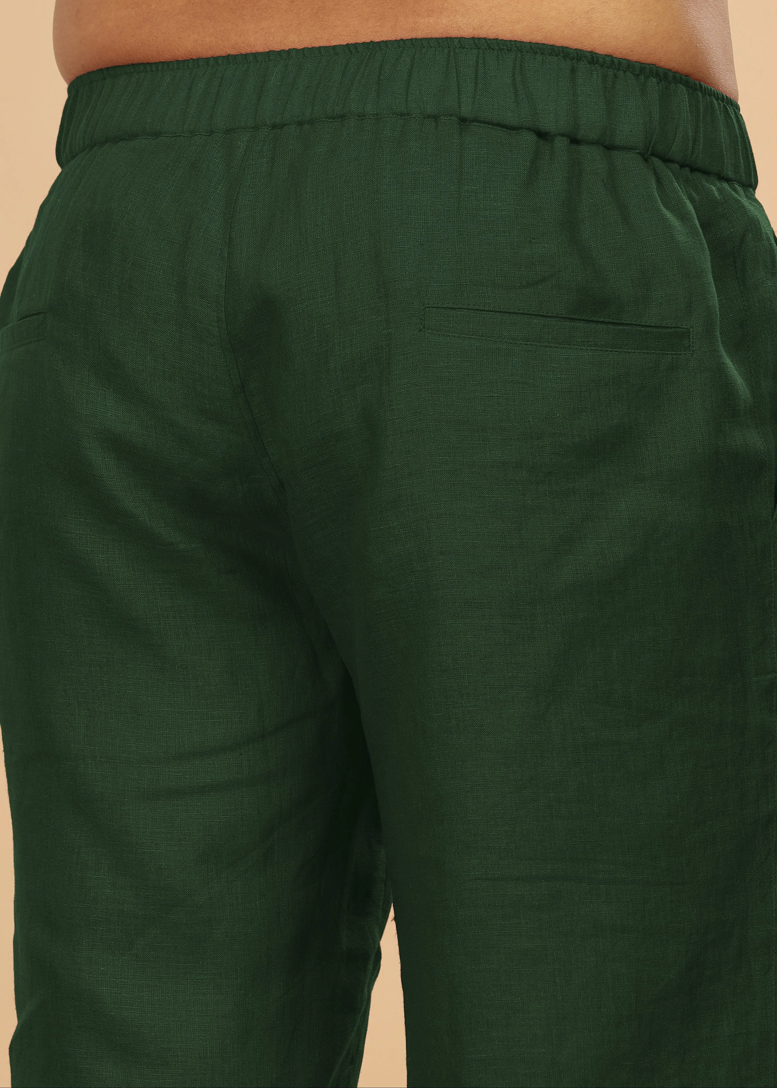 Trio Shorts - Pure Linen Shorts With Elastic Band - Dark Green